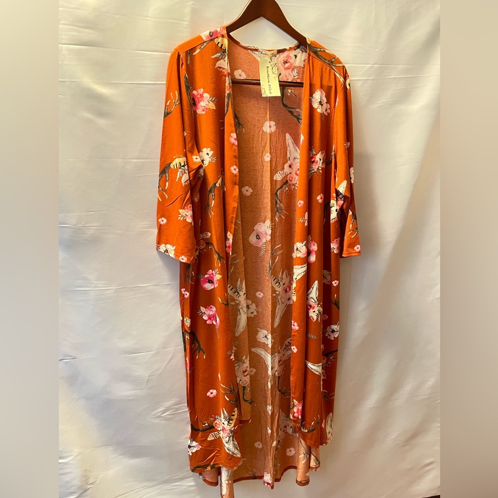 Southern Stitch Floral Cow Skull Printed Kimono Cardigan
